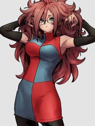 Rule 34 | 1girl, android 21, armpits, blue eyes, breasts, checkered clothes, checkered dress, closed mouth, dragon ball, dragon ball fighterz, dress, earrings, glasses, grey background, hoop earrings, jewelry, kemachiku, large breasts, long hair, looking at viewer, pantyhose, red hair, simple background, solo