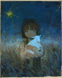 1girl absurdres animal blue_eyes blue_sky border brown_border brown_hair brown_shirt ciel_(paradis47) closed_mouth diffraction_spikes expressionless faux_traditional_media grass half-closed_eyes highres holding holding_animal lamb long_sleeves looking_at_viewer night original outdoors sheep shirt short_hair sky solo standing star_(sky) tall_grass