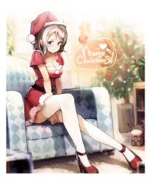 Rule 34 | 10s, 1girl, ankle strap, antlers, belt, between legs, blue eyes, blush, breasts, christmas tree, cleavage, commentary request, couch, fur-trimmed headwear, fur trim, grey hair, hand between legs, hat, heart, high heels, horns, looking at viewer, love live!, love live! school idol festival, love live! sunshine!!, merry christmas, red hat, red skirt, santa costume, santa hat, senji (tegone spike), short hair, short sleeves, sitting, skirt, smile, solo, thighhighs, uchicchii, watanabe you, white thighhighs