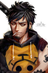 Rule 34 | 1boy, artist name, beard, black hair, blurry, cigarette, commentary request, depth of field, facial hair, goatee, greenteaa, jacket, male focus, mature male, mouth hold, one piece, short hair, solo, spiked hair, sword, tassel, tattoo, trafalgar law, upper body, weapon