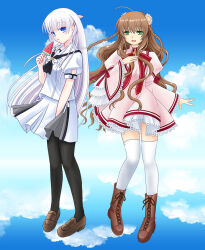 Rule 34 | 2girls, ahoge, arm at side, ascot, black ascot, black pantyhose, blue eyes, blue sky, boots, braid, brown footwear, brown hair, cloud, commentary request, company connection, cross-laced footwear, crossover, dress, floating hair, flower, food, frilled dress, frilled sleeves, frills, full body, green eyes, hair between eyes, hair flower, hair ornament, hairclip, hand up, holding, holding food, holding popsicle, juliet sleeves, kanbe kotori, kazamatsuri institute high school uniform, key (company), loafers, long hair, long sleeves, looking at viewer, multiple girls, naruse shiroha, neck ribbon, open mouth, pantyhose, parted lips, pink dress, popsicle, puffy short sleeves, puffy sleeves, red ribbon, rewrite, ribbon, sailor collar, school uniform, shirt, shoes, short dress, short sleeves, skirt, sky, smile, standing, straight hair, summer pockets, thighhighs, twin braids, twitter username, very long hair, watermelon bar, wavy hair, white flower, white hair, white sailor collar, white shirt, white skirt, white thighhighs, wide sleeves, yukiyuki (myyukiproject)