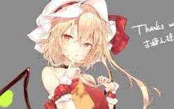 Rule 34 | 1girl, adapted costume, bad anatomy, bare shoulders, black choker, blonde hair, choker, commentary request, detached sleeves, dress, eyes visible through hair, flandre scarlet, grey background, hands up, hat, highres, holding, holding own hair, looking at viewer, mob cap, one side up, open mouth, orange eyes, red dress, sakusyo, simple background, solo, strapless, strapless dress, touhou, translation request, upper body, wings, wrist cuffs