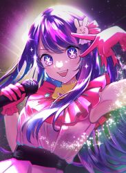 Rule 34 | 1girl, armpit peek, backlighting, blush, dress, eyelashes, gloves, hair ornament, highres, holding, holding microphone, hoshino ai (oshi no ko), long hair, looking at viewer, microphone, open mouth, oshi no ko, pink dress, pink gloves, purple eyes, purple hair, rabbit hair ornament, ranico, solo, sparkle, symbol-shaped pupils, twitter username, v, very long hair