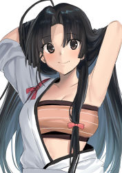 Rule 34 | 1girl, ahoge, akagi kurage, arms behind head, bandeau, black hair, blush, breasts, brown eyes, collarbone, highres, japanese clothes, kantai collection, long hair, looking at viewer, low-tied long hair, medium breasts, shouhou (kancolle), simple background, smile, solo, upper body, white background