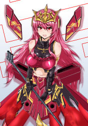 1girl absurdres arm_strap armor armored_dress blush breasts covered_erect_nipples cowboy_shot crop_top durga_(darkness_queen_ver.)_(frame_arms_girl) elbow_gloves fang frame_arms_girl gauntlets gloves hair_between_eyes headgear highres holding holding_weapon large_breasts long_hair looking_at_viewer mecha_musume open_mouth pink_hair red_eyes sangyou_haikibutsu_a sidelocks sleeveless smile solo stomach tiara very_long_hair weapon