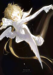 Rule 34 | 1girl, angel wings, black background, blonde hair, chinese commentary, commentary request, cropped torso, frilled sleeves, frills, grey hairband, hair ribbon, hairband, highres, kureno (kumart), light particles, long hair, long sleeves, low ponytail, multiple wings, original, outstretched arm, ribbon, shirt, signature, sleeves past wrists, solo, very long hair, white shirt, white wings, wings