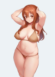 Rule 34 | 1girl, absurdres, alice gear aegis, aomoro, armpits, arms behind head, arms up, bikini, breasts, brown eyes, brown hair, covered erect nipples, highres, large breasts, long hair, looking at viewer, navel, oozeki koyui, parted lips, plump, solo, standing, swimsuit