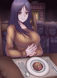 Rule 34 | 2020, black hair, blush, breasts, chainsaw man, closed mouth, commentary, doll joints, english commentary, eve (pixiv25240695), eyelashes, food, fork, hair ribbon, hat, highres, horror (theme), huge breasts, indoors, joints, knife, long hair, long sleeves, looking at viewer, mole, mole under eye, mole under mouth, multiple moles, plate, ribbon, santa claus (chainsaw man), short hair, signature, smile, solo focus, spoon, sweater, table, tagme