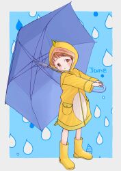 Rule 34 | 1boy, blue background, blush, child, commentary request, english text, highres, kappa costume, male focus, open mouth, orange hair, original, raincoat, solo, tail, umbrella, waramugu, yellow footwear