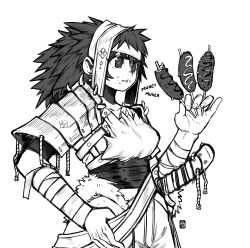 Rule 34 | 1girl, 7bun junbun, absurdres, armor, bandages, bandaged arm, bandages, belt, check copyright, copyright request, corn dog, eating, fingernails, food, food on face, fur trim, greyscale, hair between eyes, hatching (texture), highres, holding, holding food, long hair, monochrome, monster hunter (series), parted lips, pauldrons, sheath, sheathed, shoulder armor, signature, simple background, solo, sword, weapon, white background
