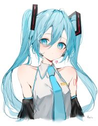 Rule 34 | 1girl, bare shoulders, blue eyes, blue hair, blue necktie, blush, breasts, closed mouth, collarbone, collared shirt, commentary request, detached sleeves, grey shirt, hair between eyes, hair ornament, hatsune miku, headphones, highres, long hair, long sleeves, looking away, medium breasts, microphone, necktie, number tattoo, shirt, simple background, sleeveless, sleeveless shirt, solo, suashi, tattoo, twintails, upper body, vocaloid, white background, wide sleeves