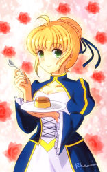 Rule 34 | 1girl, absurdres, ahoge, artoria pendragon (fate), blonde hair, bloom, dress, fate/stay night, fate (series), flower, food, green eyes, hair ribbon, highres, pudding, rheaniu, ribbon, rose, saber (fate), signature, smile, solo, spoon
