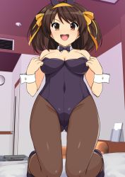 Rule 34 | 1girl, animal ears, black leotard, bow, bowtie, breasts, brown eyes, brown hair, rabbit ears, cleavage, covered navel, detached collar, fake animal ears, gluteal fold, hairband, haruhisky, high heels, highres, kneeling, leotard, looking at viewer, medium breasts, on bed, open mouth, orange hairband, pantyhose, playboy bunny, short hair, smile, solo, strapless, strapless leotard, suzumiya haruhi, suzumiya haruhi no yuuutsu, thigh gap, wrist cuffs