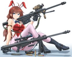 Rule 34 | .50 bmg, .50 bmg ball m2, .50 bmg raufoss mk 211 heiap, .50 bmg slap-t m962, .50 bmg slap m903, 1girl, ahoge, ammunition, animal ears, anti-materiel cartridge, anti-materiel rifle, arm strap, armor-piercing ammunition, barrett m82, barrett m82a2, black gloves, blue bow, blue bowtie, blue eyes, blue footwear, boots, bow, bowtie, breasts, brown hair, bullet, bullpup, closed mouth, collar, commentary, commentary request, detached collar, english commentary, fake animal ears, fake tail, full-power cartridge, gloves, gradient background, gun, hair tie, high-explosive cartridge, high-explosive incendiary armor-piercing ammunition, high heel boots, high heels, highleg, highleg leotard, highres, hmg cartridge, holding, holding gun, holding weapon, incendiary ammunition, leotard, long hair, looking at viewer, low-tied long hair, magazine (weapon), magnum cartridge, match grade ammunition, medium breasts, mikeran (mikelan), military cartridge, mixed-language commentary, original, pantyhose, pink pantyhose, playboy bunny, rabbit ears, rabbit tail, red leotard, rifle, rifle cartridge, sabot, saboted light armor penetrator, scope, semi-automatic firearm, semi-automatic rifle, shadow, side-tie leotard, sitting, smile, sniper rifle, solo, strapless, strapless leotard, sub-caliber ammunition, supersonic ammunition, tail, thigh strap, tracer ammunition, trigger discipline, weapon, white background, white collar, wing collar