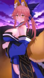 Rule 34 | 1girl, :d, absurdres, animal ear fluff, animal ears, arind yudha, bare shoulders, blue sleeves, blush, breasts, detached sleeves, fate/extra, fate/grand order, fate (series), fox ears, fox girl, fox tail, from side, hair ornament, highres, japanese clothes, large breasts, long hair, long sleeves, looking at viewer, looking to the side, open mouth, parted lips, pink hair, smile, solo, tail, tamamo (fate), tamamo no mae (fate/extra), yellow eyes