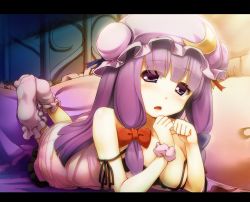 Rule 34 | 1girl, blush, bobby socks, breasts, crescent, feet, hat, highres, large breasts, letterboxed, long hair, looking at viewer, lying, on stomach, panties, patchouli knowledge, pillow, pink socks, purple eyes, purple hair, see-through, socks, solo, sorano (12gou), strap slip, touhou, underwear, white panties