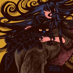 Rule 34 | 1girl, black cat, black eyes, black hair, cat, expressionless, feet out of frame, floating hair, highres, long hair, looking at viewer, original, pillow, procreate (medium), solo, tomidoron, yellow background