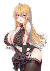 Rule 34 | 1girl, ahoge, bad id, bad pixiv id, black gloves, black thighhighs, blonde hair, blush, bouquet, braid, breasts, cleavage, elbow gloves, flower, garter belt, garter straps, gloves, highres, large breasts, lingerie, lips, long hair, looking at viewer, negligee, nightgown, original, simple background, solo, tacco (tikeworld), thighhighs, twin braids, underwear, white background, yellow eyes