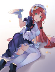 Rule 34 | 1girl, alternate costume, apron, ass, black bow, black footwear, bow, braid, breasts, enmaided, falken (yutozin), food, food on face, food on head, gloves, green eyes, hair bow, highres, holding, hong meiling, long hair, looking at viewer, lying, maid, maid apron, maid headdress, medium breasts, object on head, on floor, open mouth, plate, pudding, puffy short sleeves, puffy sleeves, red hair, shoes, short sleeves, side braid, solo, thighhighs, touhou, twin braids, white background, white gloves, white thighhighs, wrist cuffs