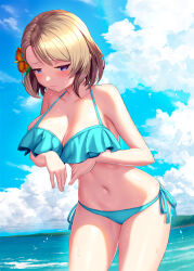 Rule 34 | 1girl, alternate breast size, arms under breasts, azur lane, beach, bikini, blonde hair, blue bikini, blue eyes, blue sky, blush, breast rest, breasts, brown hair, cleavage, commentary request, commission, day, embarrassed, flower, frilled bikini, frills, frown, gradient flower, hair flower, hair ornament, half-closed eyes, highres, hip focus, large breasts, leaning forward, looking at viewer, medium hair, navel, ocean, orange flower, outdoors, pixiv commission, side-tie bikini bottom, sky, solo, swimsuit, thighs, wet, yellow flower, yuuki1103, z23 (azur lane)
