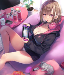 Rule 34 | 1girl, animal, blurry, blurry background, blush, breasts, brown hair, can, candy, cat, cellphone, cleavage, commentary request, cosmetics, earrings, energy drink, fingernails, flower pot, food, handheld game console, headphones, headphones around neck, highres, holding, hood, hood down, hooded jacket, hoodie, indoors, jacket, jewelry, knee up, lollipop, long sleeves, looking at viewer, medium breasts, mole, mole on breast, nail polish, nintendo switch, original, paid reward available, panties, paw print, phone, pillow, plant, purple eyes, shiny skin, sitting, sleeping, table, thighs, tomose shunsaku, underwear