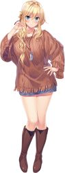 Rule 34 | 1girl, aqua eyes, arm up, blonde hair, blush, boots, braid, brown footwear, chika (uchi no kanojo), crescent, crescent hair ornament, feathers, fringe trim, full body, hair ornament, hair over shoulder, highres, jewelry, long hair, long sleeves, looking at viewer, necklace, official art, skirt, solo, transparent background, uchi no kanojo, yamakaze ran