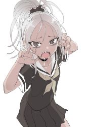 Rule 34 | 1girl, :o, @ @, absurdres, black shirt, black skirt, brown eyes, brown neckerchief, claw pose, collarbone, commentary request, copyright request, drooling, grey hair, hair ornament, hands up, highres, long hair, neckerchief, open mouth, parted bangs, pleated skirt, ponytail, sailor collar, saliva, school uniform, serafuku, sharp teeth, shirt, short sleeves, simple background, skirt, skull hair ornament, solo, teeth, white background, white sailor collar, yamamoto souichirou