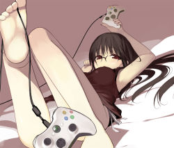 Rule 34 | 1girl, arima senne, barefoot, between toes, controller, eyebrows, feet, female focus, foot focus, game console, game controller, glasses, kashiwamochi yomogi, looking at viewer, lying, original, panties, playing games, side-tie panties, soles, solo, tank top, toes, underwear, video game, xbox, xbox360, xbox 360