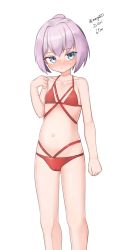 Rule 34 | 1girl, absurdres, bikini, blue eyes, dated, feet out of frame, flat chest, highres, kantai collection, looking at viewer, maru (marg0613), multi-strapped bikini, one-hour drawing challenge, pink hair, ponytail, red bikini, shiranui (kancolle), short hair, simple background, solo, swimsuit, twitter username, white background