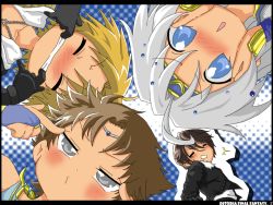Rule 34 | 4boys, = =, ^^^, ahoge, blonde hair, blue eyes, blush, brown hair, bartz klauser, cecil harvey, chestnut mouth, circlet, clenched teeth, closed eyes, copyright name, dissidia final fantasy, final fantasy, final fantasy iv, final fantasy v, final fantasy viii, final fantasy x, fingers in mouth, fingers to head, from below, gloves, grey eyes, jewelry, lucky star, male focus, multiple boys, necklace, nigou (equal1014), open mouth, outline, parody, scar, squall leonhart, teeth, tidus, white hair