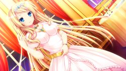 Rule 34 | 1girl, blonde hair, blue eyes, blush, breasts, cleavage, curtains, dress, game cg, harvest overray, jewelry, large breasts, long hair, looking away, mikami lilia, nironiro, smile, solo, standing, table, twintails, usume shirou, window