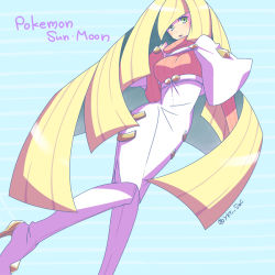 Rule 34 | 10s, 1girl, blonde hair, boots, cosplay, creatures (company), english text, game freak, high heel boots, high heels, long hair, looking at viewer, lusamine (pokemon), nintendo, pokemon, pokemon sm, skirt, sweater, thigh boots, turtleneck, twitter username, very long hair, wicke (pokemon), wicke (pokemon) (cosplay), yukichi (yk sac)