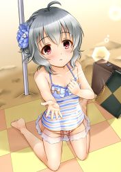 Rule 34 | 1girl, ahoge, bare arms, bare legs, bare shoulders, barefoot, beach, blue flower, blush, breasts, brown shorts, camisole, collarbone, commentary request, day, flower, grey hair, hair between eyes, hair flower, hair ornament, highres, idolmaster, idolmaster cinderella girls, kneeling, narumiya yume, notebook, outdoors, outstretched arm, parted lips, red eyes, regular mow, sand, see-through, short shorts, shorts, small breasts, solo, striped, striped camisole, suitcase