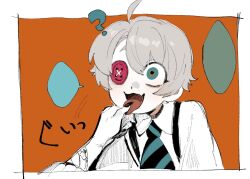 Rule 34 | 1boy, ?, ahoge, black nails, blank speech bubble, blue eyes, blue necktie, button eyes, collared shirt, commentary request, disembodied limb, fang, fingernails, grey hair, hand in another&#039;s mouth, hand up, long sleeves, looking at viewer, maddy (minai mosa), male focus, minai mosa, necktie, open mouth, orange background, original, sharp fingernails, shirt, short hair, simple background, skin fang, solo focus, speech bubble, striped necktie, suspenders, tongue, tongue out, white shirt