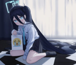 Rule 34 | 1girl, absurdly long hair, absurdres, acaa, aris (blue archive), black hair, black skirt, black socks, blue archive, blue eyes, blue necktie, blurry, blush, commission, crying emoji, curtains, depth of field, emoji, hair between eyes, hairband, halo, highres, holding, holding paper, indoors, long hair, long hair between eyes, long sleeves, meme, necktie, no shoes, open mouth, paper, pixiv commission, shirt, shirt tucked in, side ponytail, sitting, skirt, socks, solo, uohhhhhhhhh! (meme), very long hair, wariza, white shirt