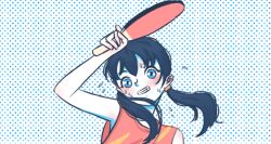 Rule 34 | 1girl, artist request, bad link, black hair, blue theme, blush, breasts, chinese commentary, holding, holding paddle, open mouth, original, paddle, red vest, simple background, small breasts, solo, sportswear, sweat, table tennis paddle, teeth, twintails, upper body, vest
