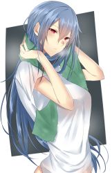 Rule 34 | 1girl, blue hair, blush, breasts, closed mouth, drying hair, from side, highres, large breasts, long hair, looking at viewer, looking to the side, onineko-chan, original, red eyes, shirt, short sleeves, solo, steam, t-shirt, towel, upper body, white shirt