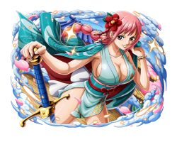 Rule 34 | 1girl, bare legs, blue sky, blush, braid, breasts, cherry blossoms, cleavage, curvy, dress, female focus, floating hair, flower, flower on head, hair flower, hair ornament, holding, holding sword, holding weapon, japanese clothes, kimono, large breasts, long hair, looking at viewer, official alternate costume, official art, one piece, one piece: treasure cruise, one piece treasure cruise, parted lips, petals, pink hair, rebecca (one piece), revealing clothes, shiny skin, short dress, simple background, single braid, sky, smile, solo, sword, weapon, wide hips