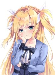 Rule 34 | 1girl, :t, absurdres, black bow, blonde hair, blue jacket, blush, bow, braid, christina white, collarbone, commentary request, crown braid, eyelashes, green eyes, hair between eyes, hair bow, hana wa mijikashi odoreyo otome, hand on own cheek, hand on own face, head rest, highres, jacket, long hair, long sleeves, looking at viewer, ncontrail (mgax7527), open clothes, open jacket, pout, shirt, simple background, solo, straight hair, swept bangs, two side up, upper body, very long hair, white background, white bow, white shirt
