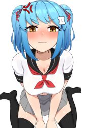 Rule 34 | 1girl, absurdres, anger vein, black thighhighs, blue hair, blush, bra visible through clothes, breasts, cleavage, closed mouth, collarbone, crop top, from above, hair ornament, hairclip, highres, ii (peps art), large breasts, looking at viewer, miniskirt, neckerchief, orange eyes, original, peps art, pout, sailor collar, school uniform, shirt, short twintails, simple background, sitting, skirt, solo, swept bangs, thighhighs, twintails, wariza, white background, white shirt, zettai ryouiki