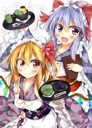 Rule 34 | 2girls, :d, alternate costume, alternate hairstyle, apron, asymmetrical hair, asymmetrical wings, blonde hair, bow, cup, enmaided, eyes visible through hair, fang, fang out, flandre scarlet, flower, flower on head, hair bow, hair flower, hair ornament, hand on own hip, japanese clothes, kimono, kuzumomo, light purple hair, looking at viewer, maid, maid apron, maid headdress, menu board, multiple girls, obi, open mouth, print kimono, red eyes, remilia scarlet, sash, short hair, short kimono, short ponytail, siblings, side ponytail, sisters, smile, touhou, wa maid, wide sleeves, wings, yunomi