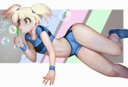 Rule 34 | 1girl, adapted costume, blonde hair, blue eyes, bubble, bubble wand, bubbles (ppg), cartoon network, crop top, navel, powerpuff girls, randy (awesomevillage), shoes, short shorts, short twintails, shorts, sneakers, solo, stomach, twintails, wristband