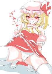 Rule 34 | 0002koko, 1girl, absurdres, ascot, blonde hair, blush, dress, flandre scarlet, hat, highres, lifted by self, looking at viewer, mob cap, no shoes, panties, puffy short sleeves, puffy sleeves, red dress, red eyes, short sleeves, side ponytail, smile, solo, squatting, thighhighs, touhou, underwear, white background, white panties, white thighhighs, yellow ascot