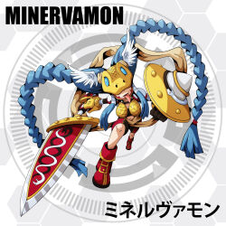 braid covered_eyes digimon digimon_(creature) english_text highres japanese_text long_hair mask minervamon olympos_xii solo wings