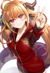 Rule 34 | 1girl, ahoge, blonde hair, breasts, commentary request, copyright name, dragon girl, dragon horns, dragon tail, eyes visible through hair, fang, hair between eyes, highres, hololive, hood, hood down, hoodie, horns, kiryu coco, kiryu coco (loungewear), long hair, long sleeves, looking at viewer, multicolored hair, orange hair, red eyes, simple background, skin fang, smile, solo, streaked hair, tail, twintails, v, virtual youtuber, white background, xun (xun124c41)