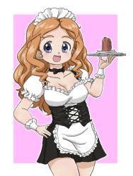 Rule 34 | 1girl, alternate costume, apron, black bow, black bowtie, black dress, blue eyes, bow, bowtie, breasts, commentary request, cowboy shot, dress, enmaided, food, frilled cuffs, frilled sleeves, frills, girls und panzer, hand on own hip, holding, holding tray, isabe (girls und panzer), long hair, looking at viewer, maid, maid headdress, medium breasts, mont blanc (food), open mouth, orange hair, outline, partial commentary, puffy short sleeves, puffy sleeves, purple background, short dress, short sleeves, smile, solo, standing, takahashi kurage, tray, underbust, waist apron, wavy hair, white apron, white outline