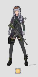 Rule 34 | 1girl, absurdres, alternate costume, ammunition pouch, ankle strap, artist request, assault rifle, beret, black thighhighs, blunt bangs, blush, boots, braid, breasts, bullpup, closed mouth, girls&#039; frontline, gloves, goggles, goggles on head, green eyes, grey background, grey thighhighs, gun, gun sling, h&amp;k hk416, hair ornament, hair over shoulder, hat, headset, heckler &amp; koch, highres, hk416 (girls&#039; frontline), jacket, long hair, looking at viewer, magazine (weapon), medium breasts, orange eyewear, pouch, purple jacket, rainbow six siege, rifle, scope, short shorts, shorts, sidelocks, silver hair, simple background, single braid, skindentation, solo, tactical clothes, thigh strap, thighhighs, thighs, very long hair, walkie-talkie, watch, weapon