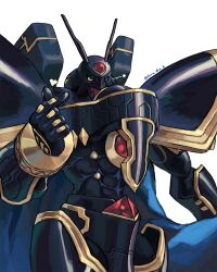 Rule 34 | alphamon, armor, black armor, blue cape, cape, digimon, digimon (creature), gem, heart, helmet, highres, horns, kira (kira dra), looking at viewer, no humans, one eye closed, outstretched arm, red gemstone, shoulder armor, simple background, solo, twitter username, white background, wink star, yellow eyes