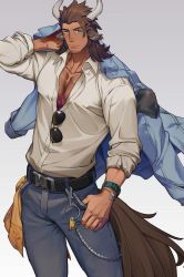 Rule 34 | 1boy, alternate costume, animal ears, arknights, bara, belt, black belt, blue eyes, blue jacket, body hair, bracelet, brown hair, bulge, chest hair, covered erect nipples, cow boy, cow ears, cow horns, cow tail, cowboy shot, denim, unworn eyewear, facial hair, highres, horns, jacket, jacket on shoulders, jeans, jewelry, large pectorals, likaou, looking at viewer, pectoral cleavage, male focus, matterhorn (arknights), medium hair, muscular, muscular male, pants, partially unbuttoned, pectorals, shirt, sleeves rolled up, solo, stubble, tail, white shirt