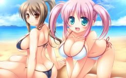 Rule 34 | 2girls, all fours, ass, beach, bikini, blue eyes, blush, breasts, brown eyes, brown hair, butt crack, cleavage, fang, large breasts, leaning forward, light smile, long hair, looking back, miu (c blue), multiple girls, ocean, open mouth, original, pink hair, ponytail, short twintails, side-tie bikini bottom, sitting, smile, swimsuit, twintails, wariza, water